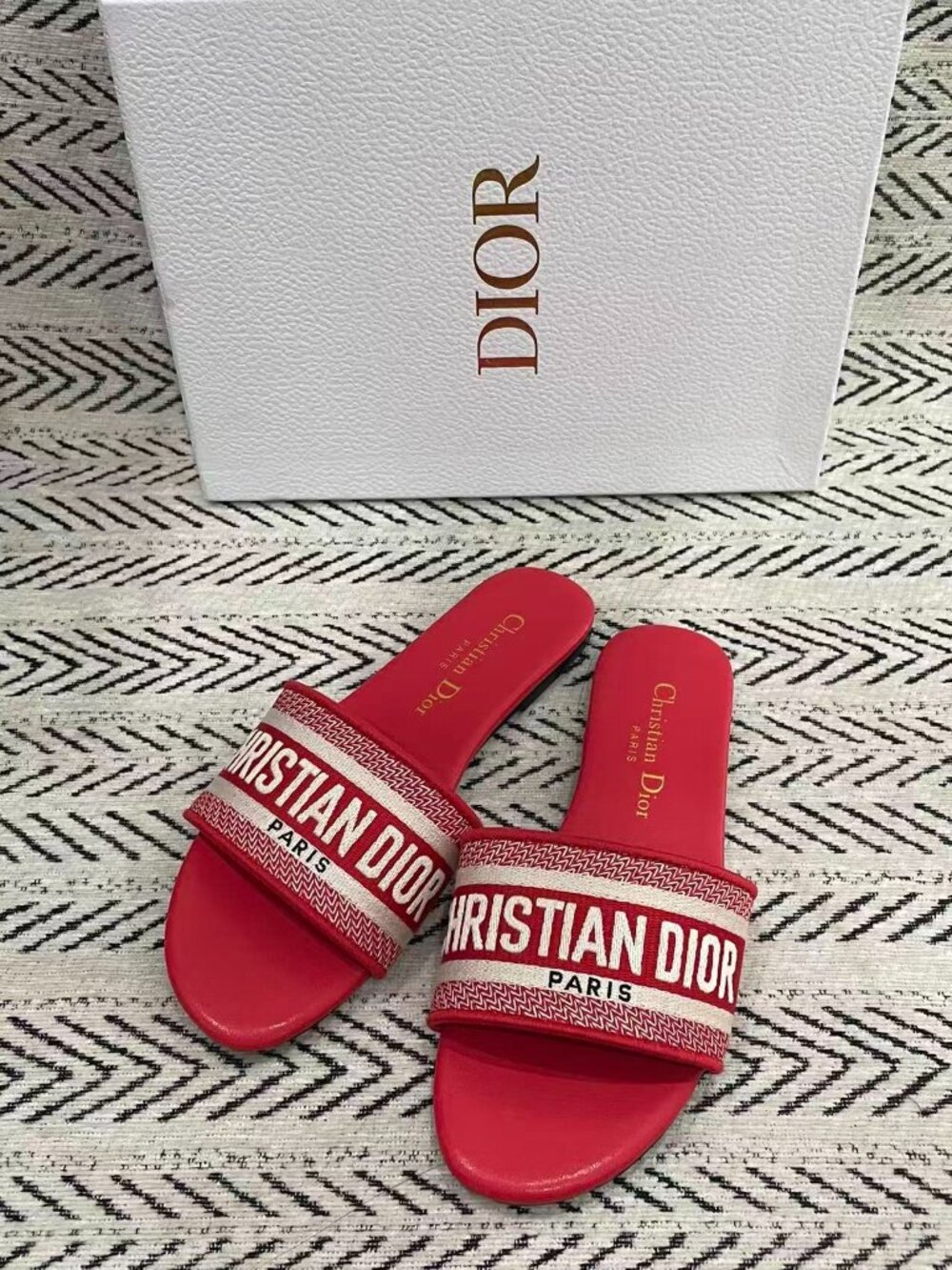 Dior Red Logo Embroidered Slide Sandals